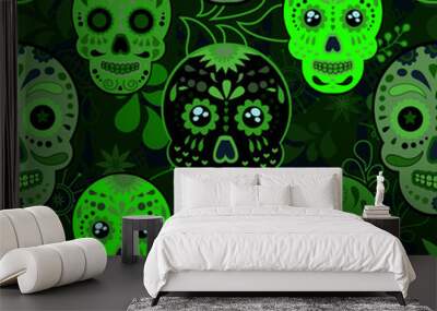 Abstract seamless skull pattern for girl, boy, clothes. Creative skull vector background with mexican symbol, day of the dead, dots, lines. Funny wallpaper for textile and fabric. Fashion skull style. Wall mural