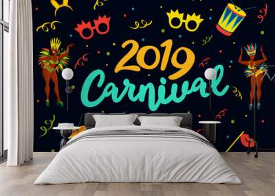 Popular Event in Brazil. Festive Mood. Carnaval Title With Colorful Party Elements. Travel destination. Brazilian Rythm, Dance and Music. Logo print. Carnival background. Carnaval mood. Wall mural