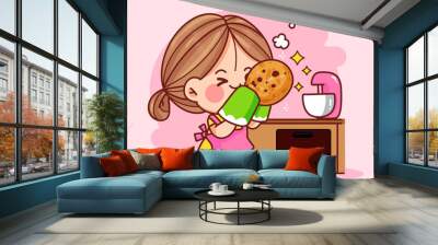 cute girl baking cookies in kitchen hand drawn cartoon art illustration Wall mural