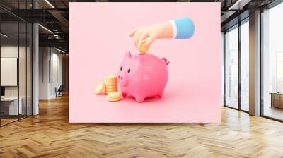 Hand putting coin to pink piggy money savings concept on pink background 3d rendering Wall mural