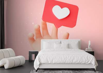 Hand reaching for a Heart shape social media notification icon in speech bubbles 3d cartoon banner website ui on pink background 3d rendering illustration Wall mural