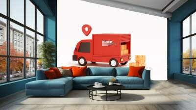 Red delivery car deliver express and Pin pointer mark location delivery transportation logistics concept on white background 3d rendering illustration Wall mural