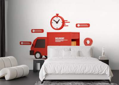 Red delivery car deliver express Shipping fast delivery truck and Pin pointer mark location and cardboard boxes with bubble chat message and clock background 3d rendering illustration Wall mural