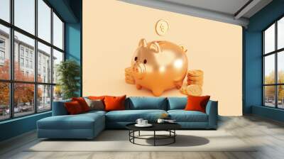 Saving money with Gold piggy bank with gold coin money stacks finance savings investment concept background 3D illustration Wall mural