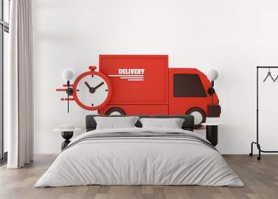 Shipping fast delivery truck Red delivery car deliver express with clock delivery transportation logistics concept on white background 3d rendering illustration Wall mural