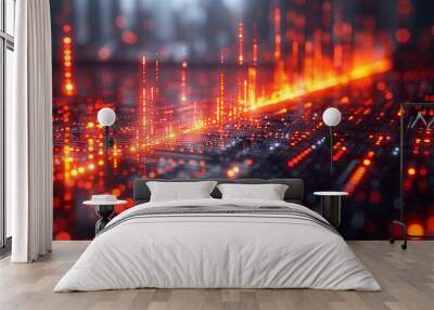 3D rendering of a glowing data visualization with red and orange lights on a dark background, with a depth of field effect and blurred bokeh effect, in the style of cyber Wall mural