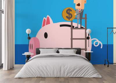 Businessman saving money in a piggy bank on blue background illu Wall mural