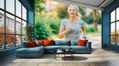 Active senior Caucasian woman running in the park for fitness and health Wall mural