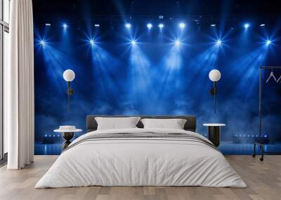 Blue stage lights with spotlights creating a captivating scene on a dark background. Spotlight. Scene Illumination. Light Effect Wall mural