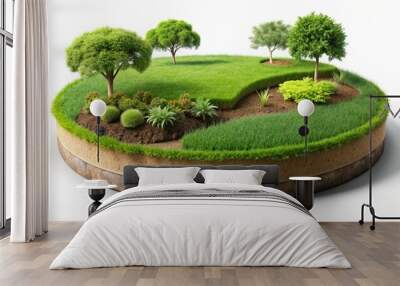 grass green circle land ground floor garden or garden earth soil land layer and green grass floor circle section land isolated on white background. 3d illustration render Wall mural