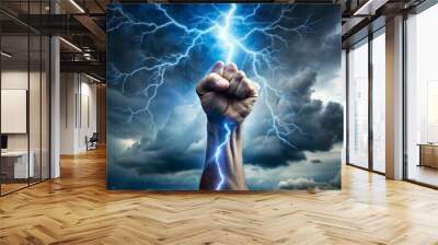 Hand holding up a lightning bolt. Energy and power. Stormy background. Blue glow. Zeus, thor.
 Wall mural