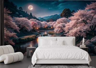 Moonlit Cherry Blossom Valley Wall mural