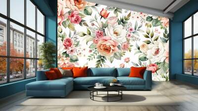 Seamless watercolor floral wallpaper featuring hand-drawn pink and white roses with lush green leaves, ideal for fabric use,generative ai  Wall mural