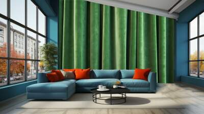 This image captures the luxurious texture of velvet curtains in a green hue, creating a soothing and elegant background. Wall mural