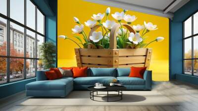 White flowers in wooden basket on yellow spring background 3D Rendering Wall mural