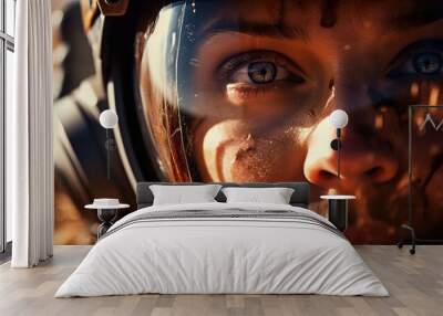 Closeup female astronaut in astronaut helmet and spacesuit Wall mural