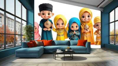 Cute cartoon muslim family 3D render isolated  on white background Wall mural