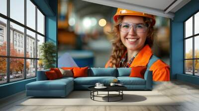 Young woman construction worker wear safety uniform Wall mural