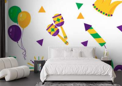 Mardi Gras seamless pattern with balloon, carnival mask, confetti, trumpet, crown, feathers, harlequin, beads, garland, jester hat on white background Wall mural