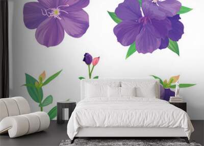 Beautiful purple princess flower or tibouchina urvilleana and leaf on white background. Vector set of blooming floral for wedding invitations and greeting card design. Wall mural