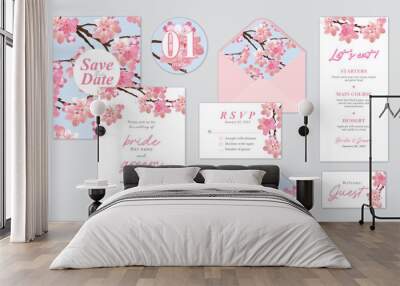 Cherry blossom or Sakura flower background template. Vector set of floral element for wedding invitations, greeting card, envelope, voucher, brochures and banners design. Wall mural