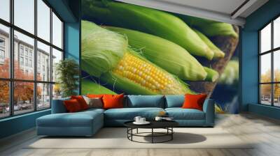 fresh sweet corn with some ears partially husked in morning market. Wall mural