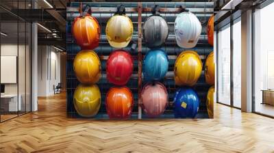 Assorted colorful hard safety helmets lined up on a rack at an industrial construction site. Wall mural