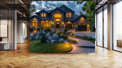 Beautiful Home Exterior in Evening with Glowing Interior Lights and Landscaping. Wall mural