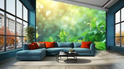 Beautiful natural spring summer defocused background with fresh lush foliage and bokeh in nature. Wall mural