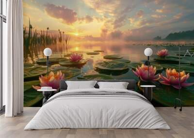 Beautiful summer sunrise with water lily flowers in the lake Wall mural