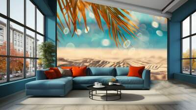 Beautiful wide panorama of a paradise beach with golden sand and palm leaves in blur. Summer banner. Wall mural