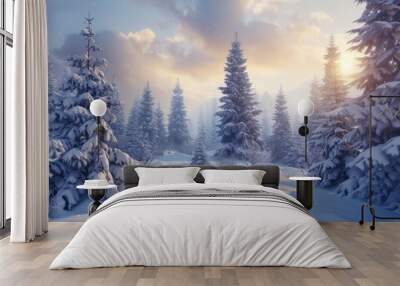 Beautiful winter landscape with fir trees in a snowy forest Wall mural