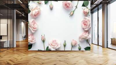 Blush pink roses frame on white background. Various creamy pink roses flowers and buds layout on white background with copy space. Top view, flat lay Wall mural