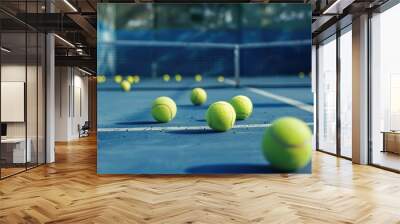 Hard blue court with tennis balls copy space image Wall mural