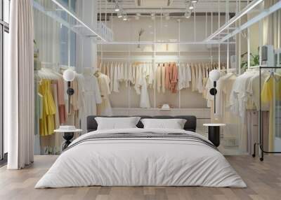 Modern interior of bright clothing store. Collection of stylish women's clothes in pastel colors on rack in empty modern boutique Wall mural