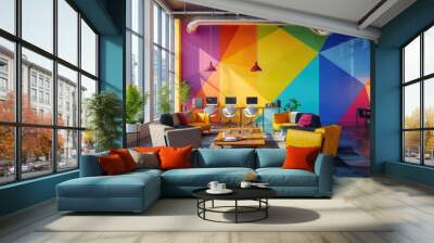 Modern interior of open co-working space with ergonomic furniture and dynamic bold colors, geometric pattern on walls Wall mural