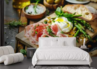 Roman Pinsa with burrata cheese, ripened ham and green asparagus on wooden table Wall mural