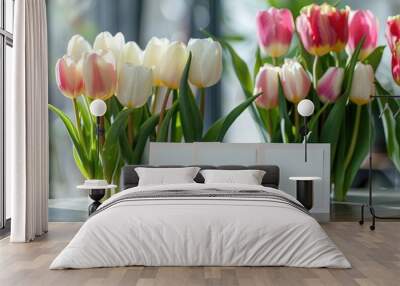 The elegant table display features tulip flowers and blank cards for personalization in a copy space image Wall mural