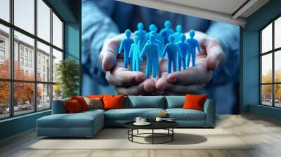 A businessman is carrying a 3D-rendered gathering of blue people, Generative AI. Wall mural