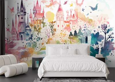 abstract watercolor background with splashes Abstract fictional city with fairy houses. Drawing in turquoise purple on a white background. hand drawn on paper background illustration. Wall mural