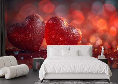 Valentines day Background of two red heart shape love made with glowing glitter bokeh image Wall mural