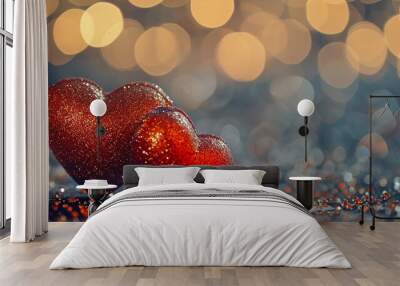 Valentines day Background of two red heart shape love made with glowing glitter bokeh image Wall mural