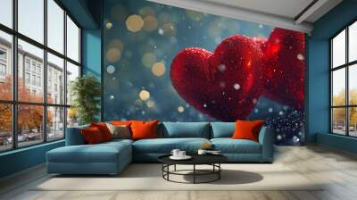 Valentines day Background of two red heart shape love made with glowing glitter bokeh image Wall mural