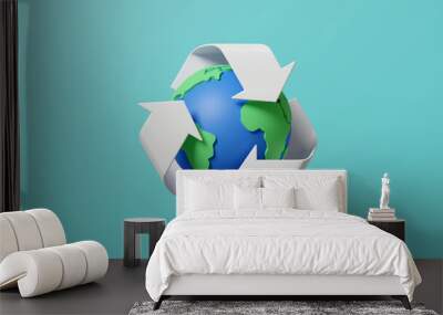 3D Earth with Recycle symbol. World environment and earth day concept. Minimal scene for mockup design. 3D rendering illustration. Wall mural