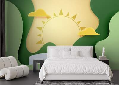 3d Paper cut abstract template background.White podium on green wavy geometrics shape with clouds and sun. Wall mural