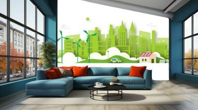 Alternative energy and Ecology concept.Electric Car and Green eco city background.Environment conservation resource sustainable. Wall mural