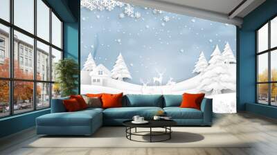 Deers joyful on snow and winter season with urban landscape background paper art style for merry christmas and happy new year.Vector illustration. Wall mural