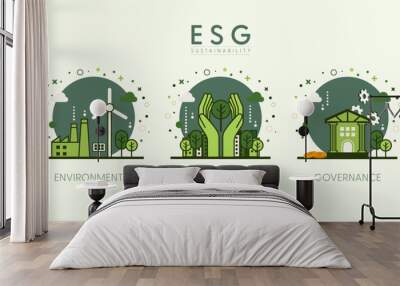 ESG concept, Environmental, Social and Governance. Green city background. Flat minimal style. Vector Illustration. Wall mural