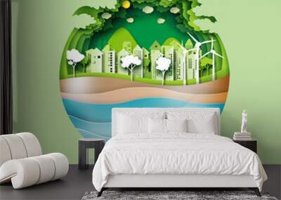 Green earth of eco friendly city and urban forest landscape background.Renewable energy for ecology and environment conservation concept paper art design.Vector illustration. Wall mural