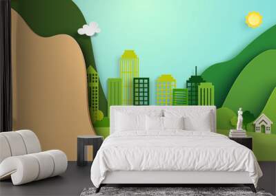 Green eco city and nature landscape background template.Paper art style vector illustration. Wall mural